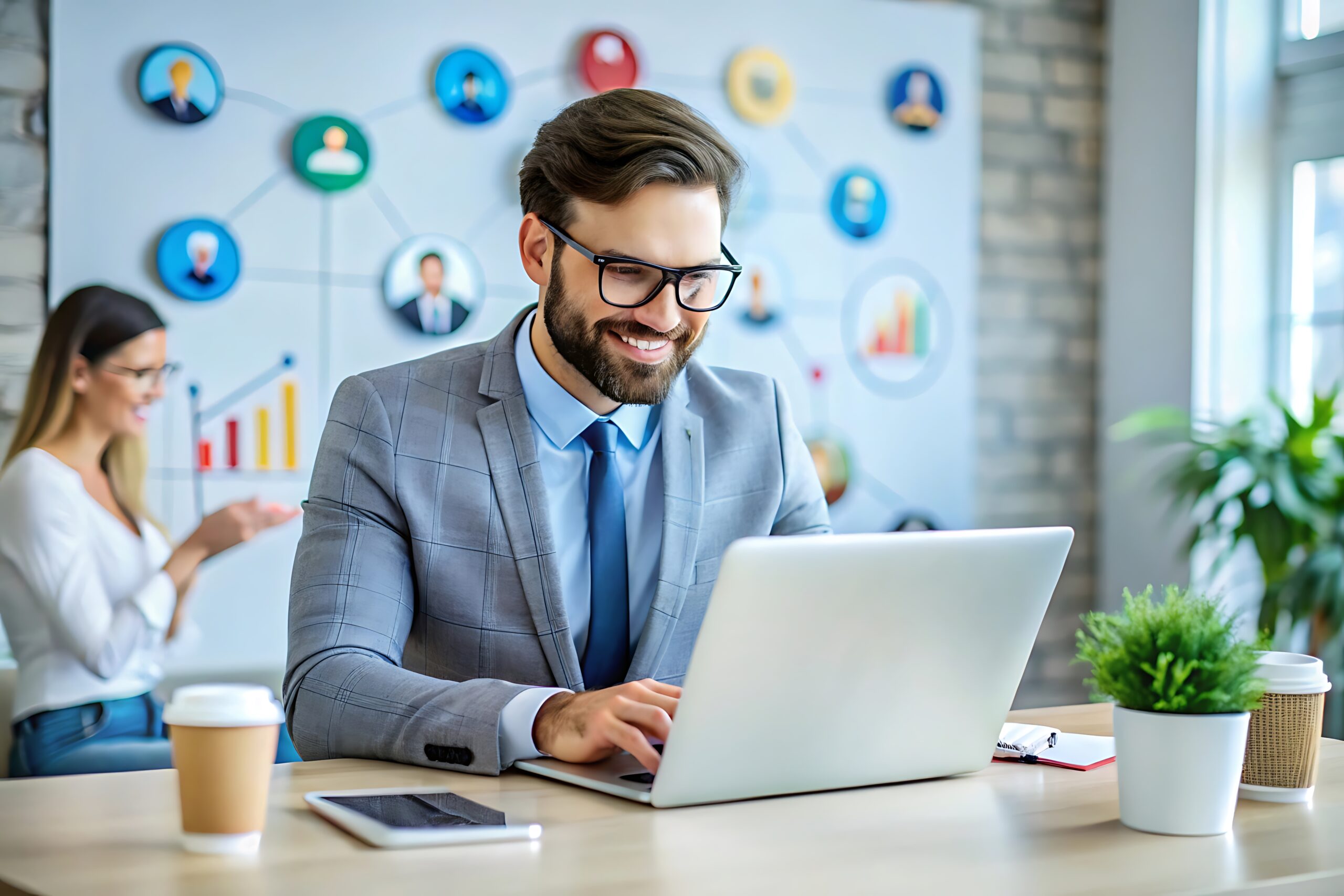 man suit sits desk with laptop sign that says business scaled